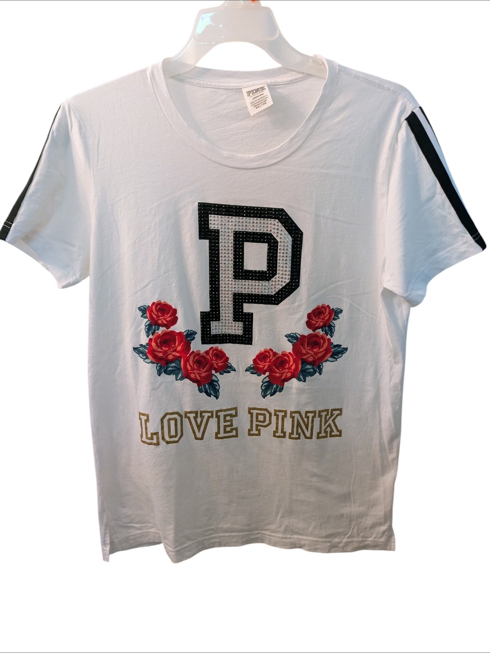 LOVE PINK White Graphic Tee with Rose Embellishment